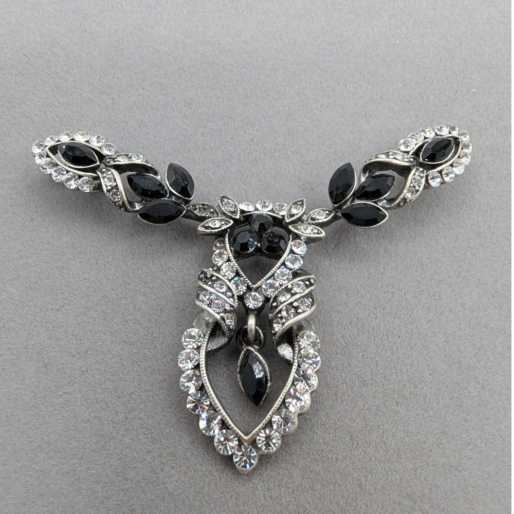 Vintage Style Silver Tone Black Marquise Clear Rhinestone‎ Heart Necklace Slide